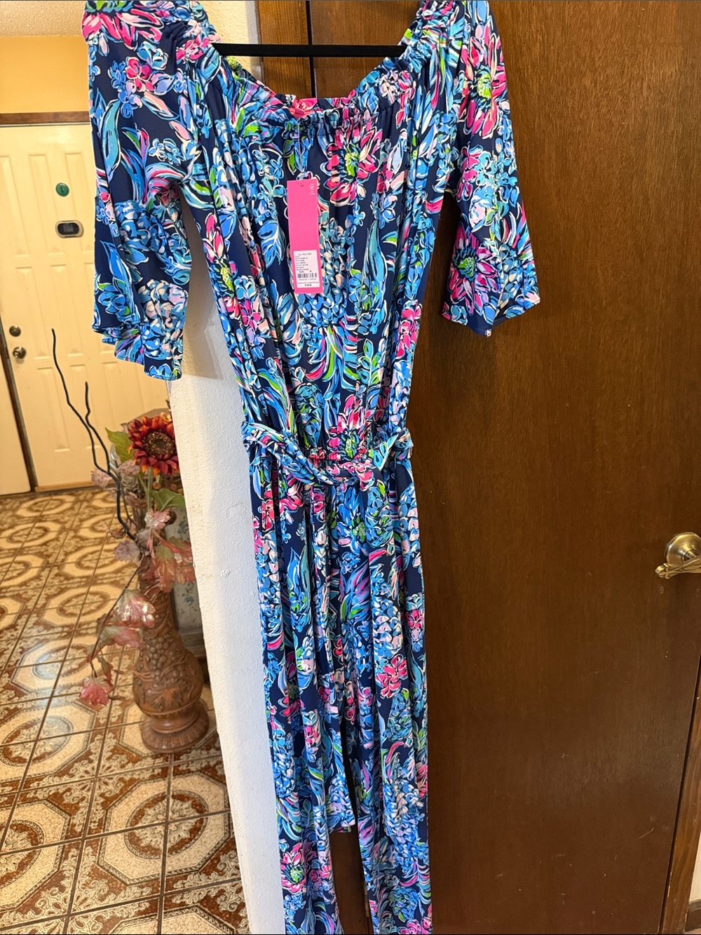 Lilly Pulitzer Navy Floral Off-Shoulder Maxi Dress with Belt